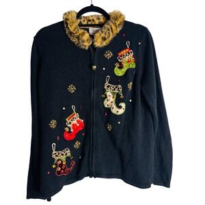 Tiara International Black Christmas Sweater Cardigan Womens L Leopard Fur Trim
